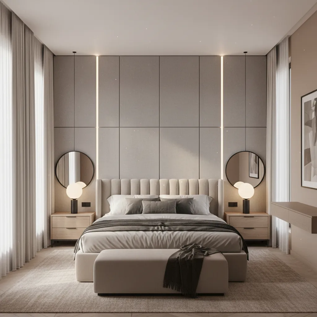 Master bedroom bed centered on wall with symmetrical nightstands