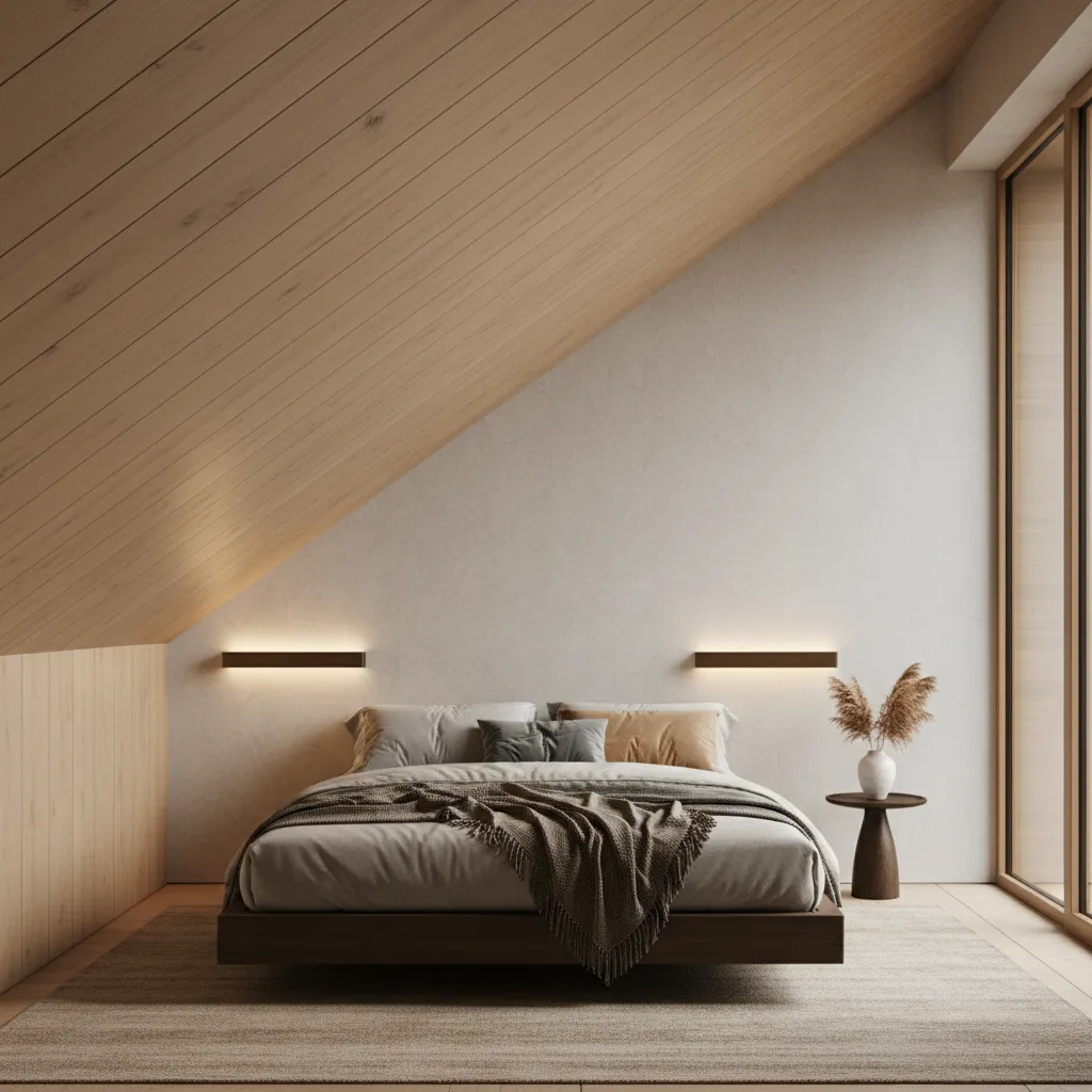 Low platform bed placed under a slanted ceiling with wall sconces