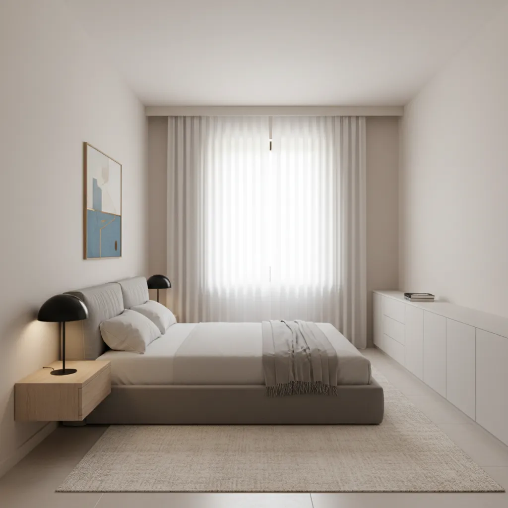 bed placed along long wall in a narrow rectangular bedroom