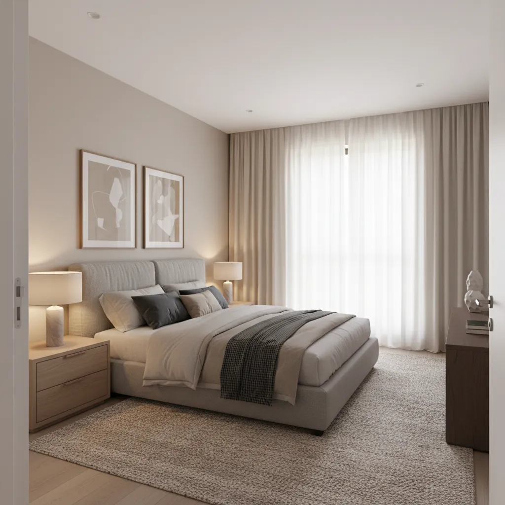Bedroom layout with bed positioned diagonally visible from door for balanced energy
