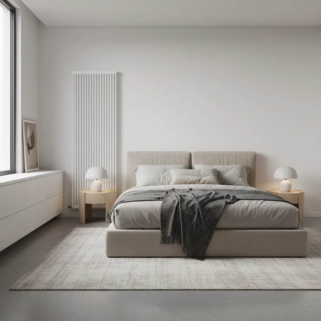 Bedroom bed positioned about 12 inches from radiator for safe clearance