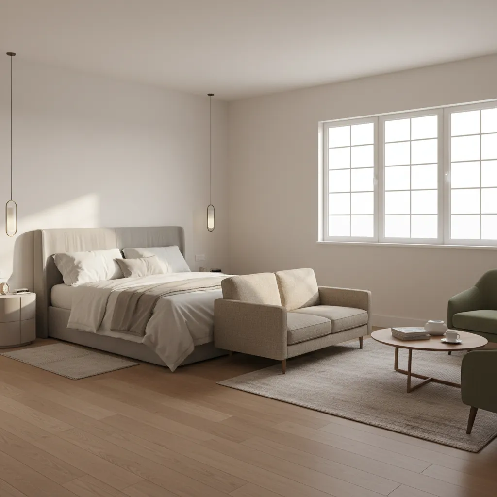 15x15 bedroom layout with bed and small sofa