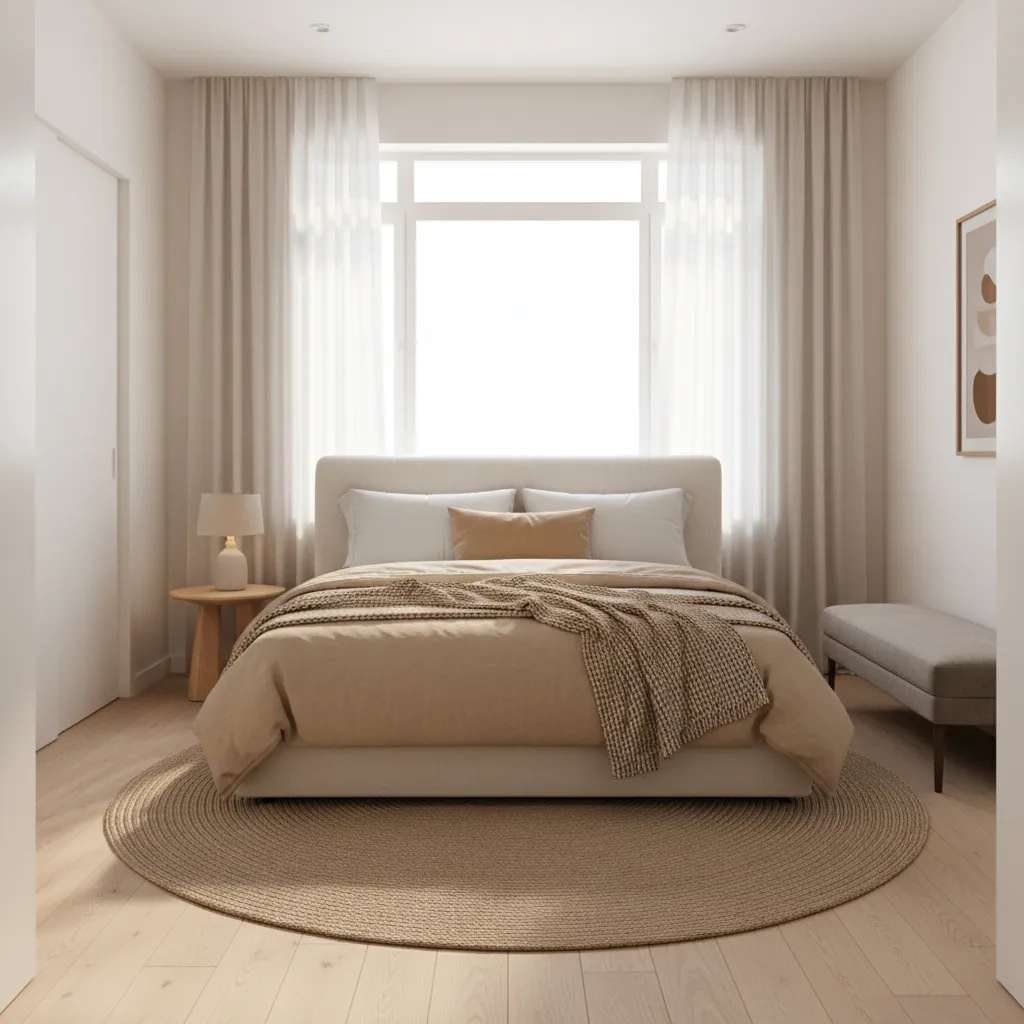 Queen bed positioned under a window in a compact bedroom