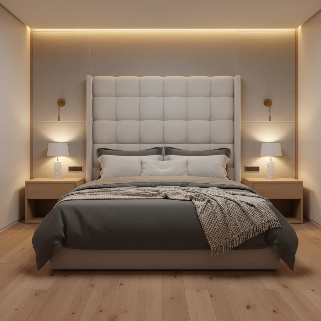 master bedroom with large statement headboard and symmetrical bedside lighting