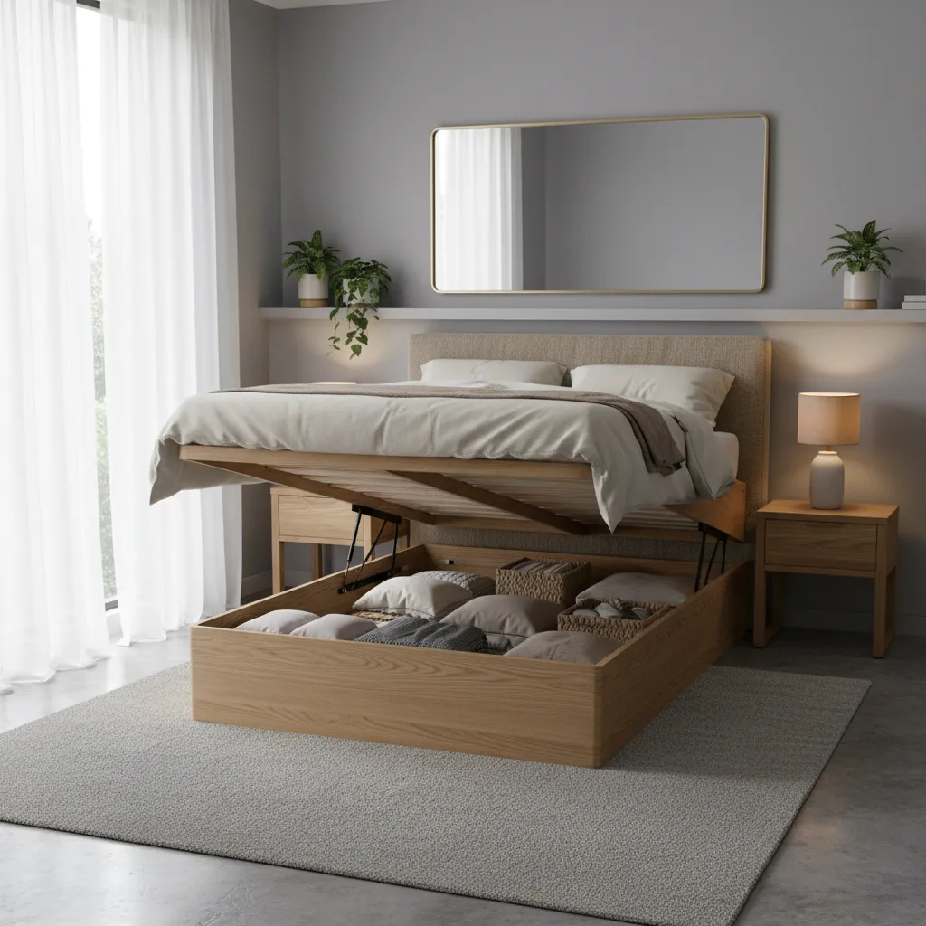 Wooden bed with storage frame lifted to show pillows and boxes kept inside the base