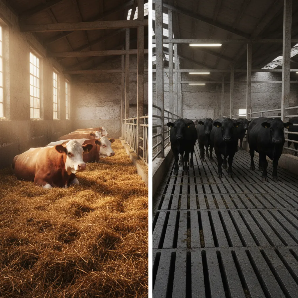 Split comparison of bedded pack cattle barn area and slatted floor manure system