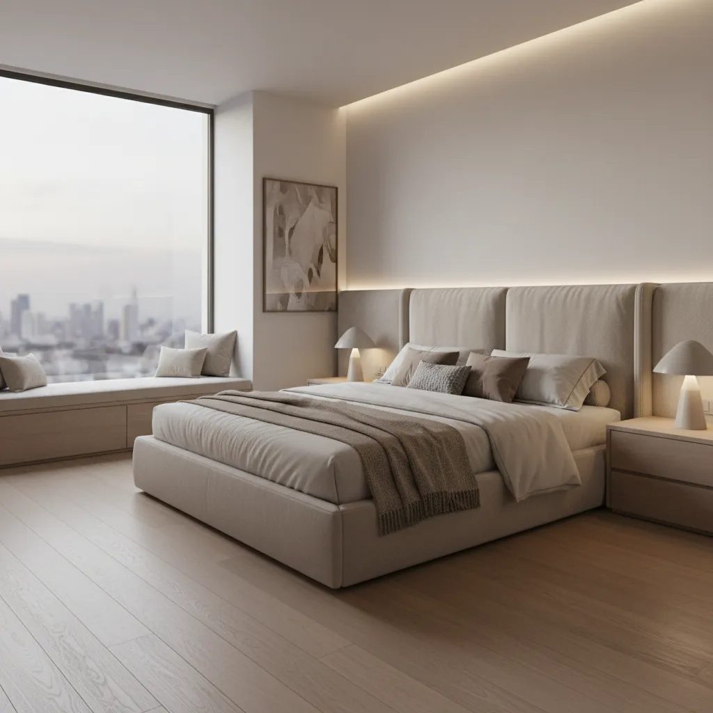 Modern bedroom with beige upholstered bed, city view window, two table lamps and wooden floor