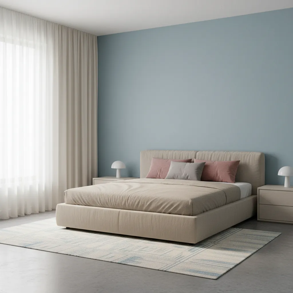 Bedroom interior illustrating the 60-30-10 color rule distribution