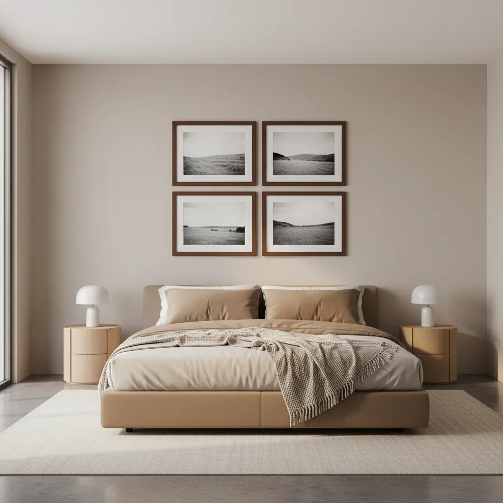 Bedroom wall with four 8x10 frames arranged in a clean grid layout