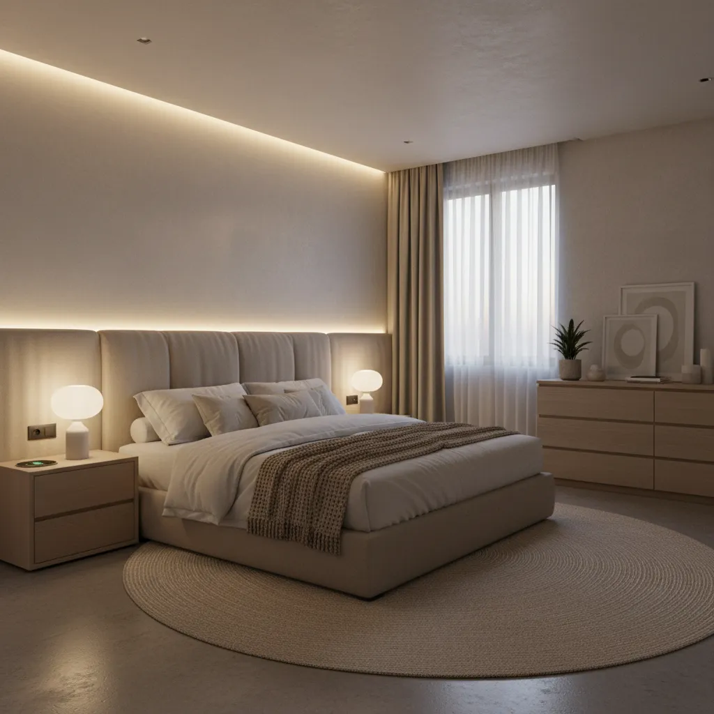 bedroom with LED accent lighting behind headboard creating soft glow