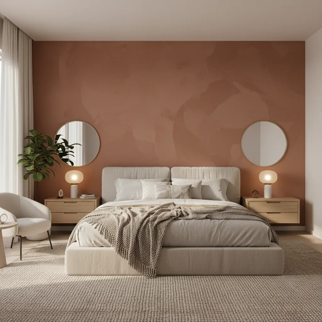 bedroom showing painted accent wall behind bed for visual balance