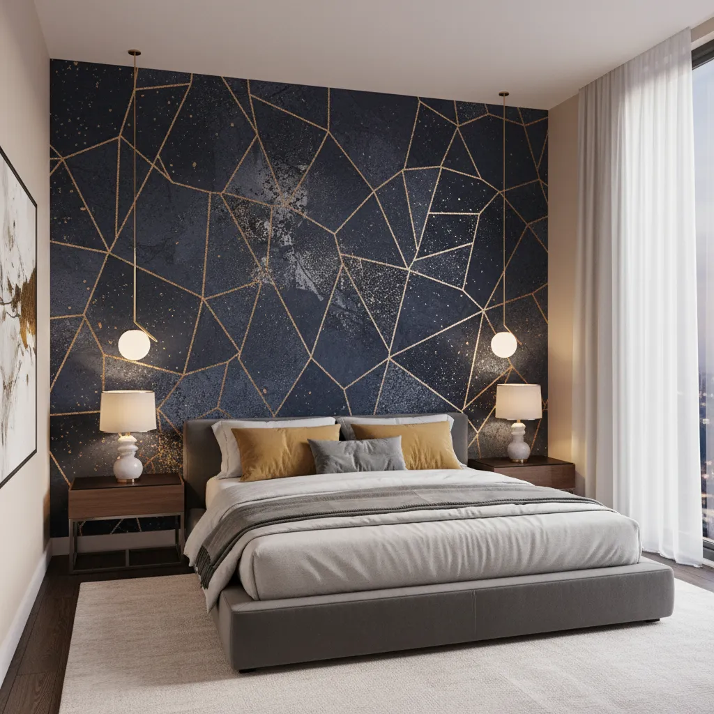 bedroom accent wall with wallpaper behind bed