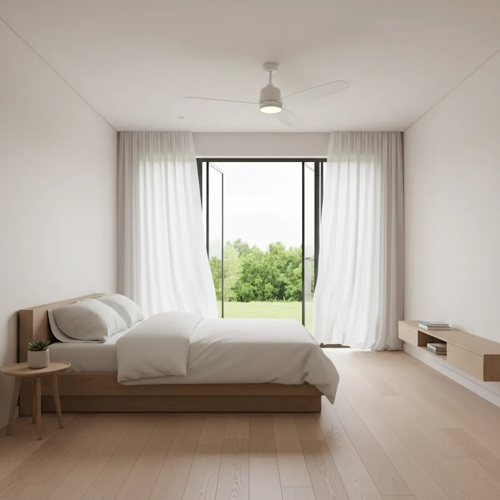 bedroom with open window and fan showing airflow for odor prevention