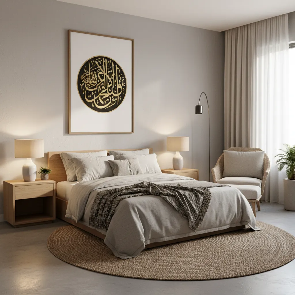 Bedroom interior with Ayatul Kursi calligraphy on a calm side wall