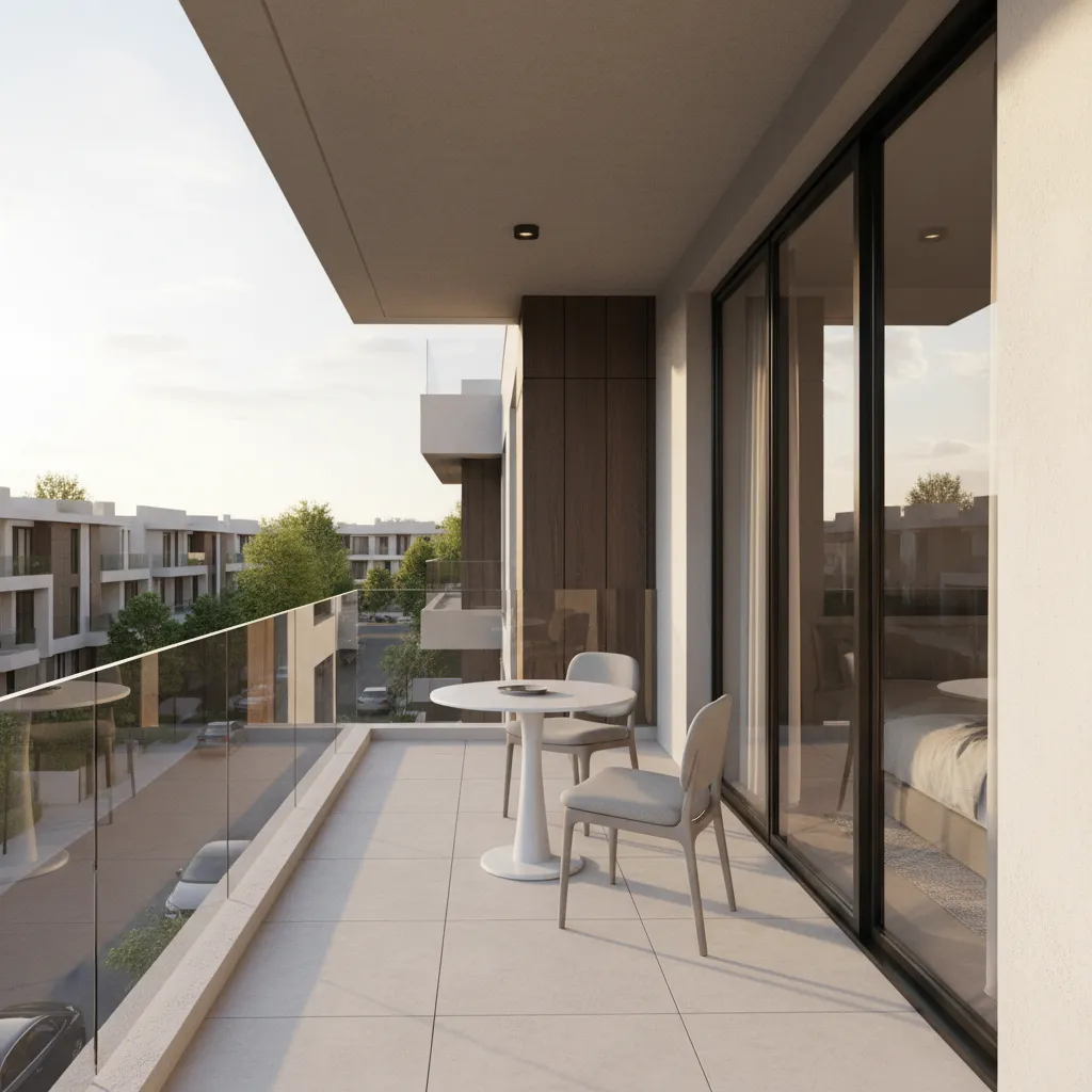 Compact modern bedroom balcony with glass railing and two chairs
