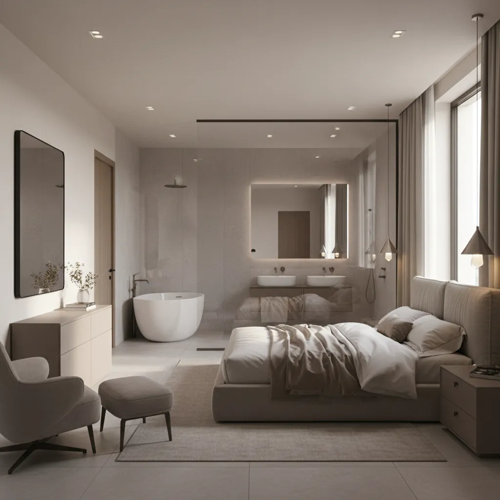 Modern bedroom interior design drawing with glass wall separating bathroom with bathtub and two sinks