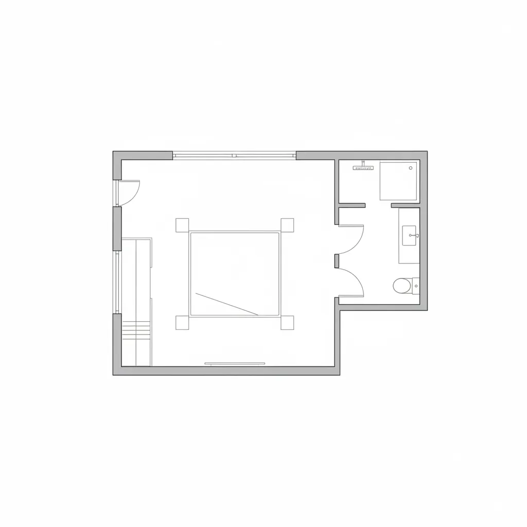 Simple 2D room layout plan showing bedroom with bathroom including shower sink and toilet area