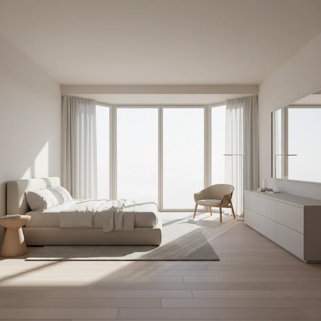Bright bedroom with bay window showing open layout that allows natural light