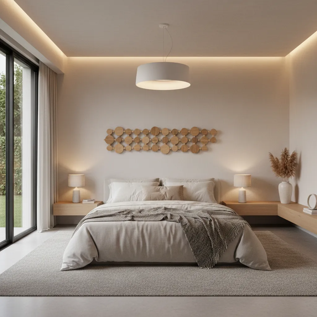 Minimal bedroom with subtle wooden bead decoration near headboard