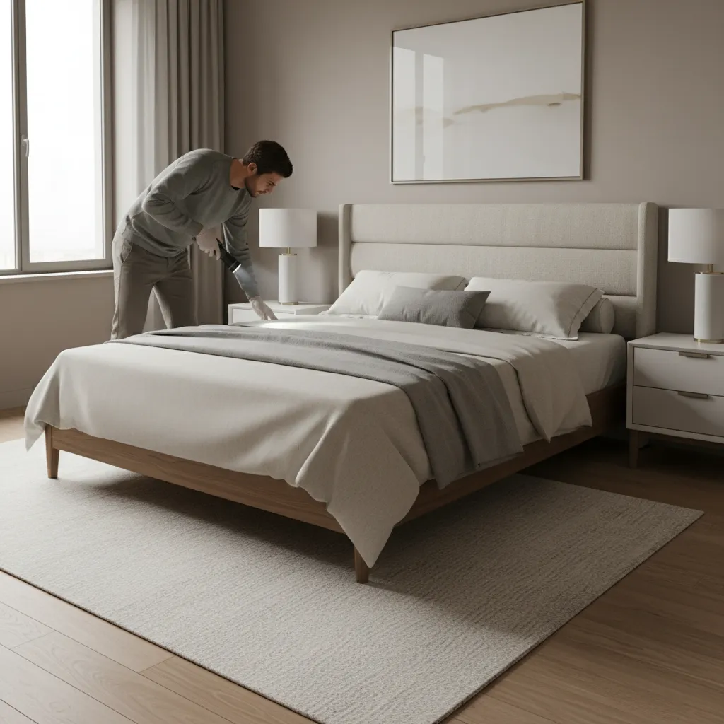 Inspecting mattress seams and headboard for bed bug signs