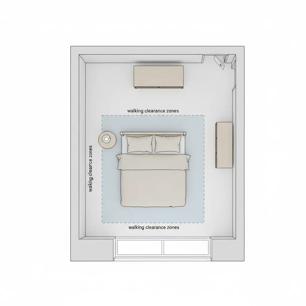 Bedroom layout showing walking clearance space around a full bed