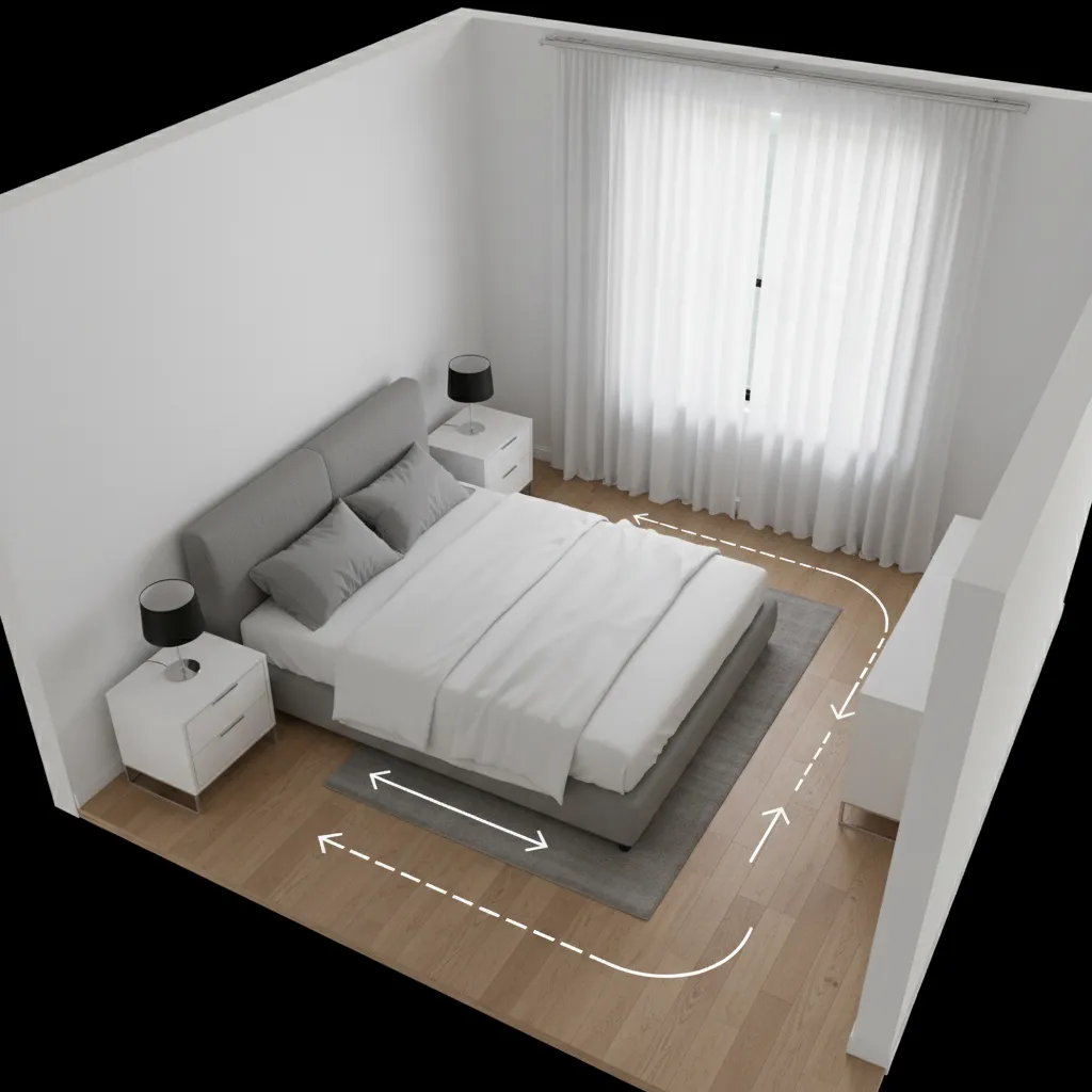 Bedroom layout showing correct bed placement centered on the wall with walking clearance