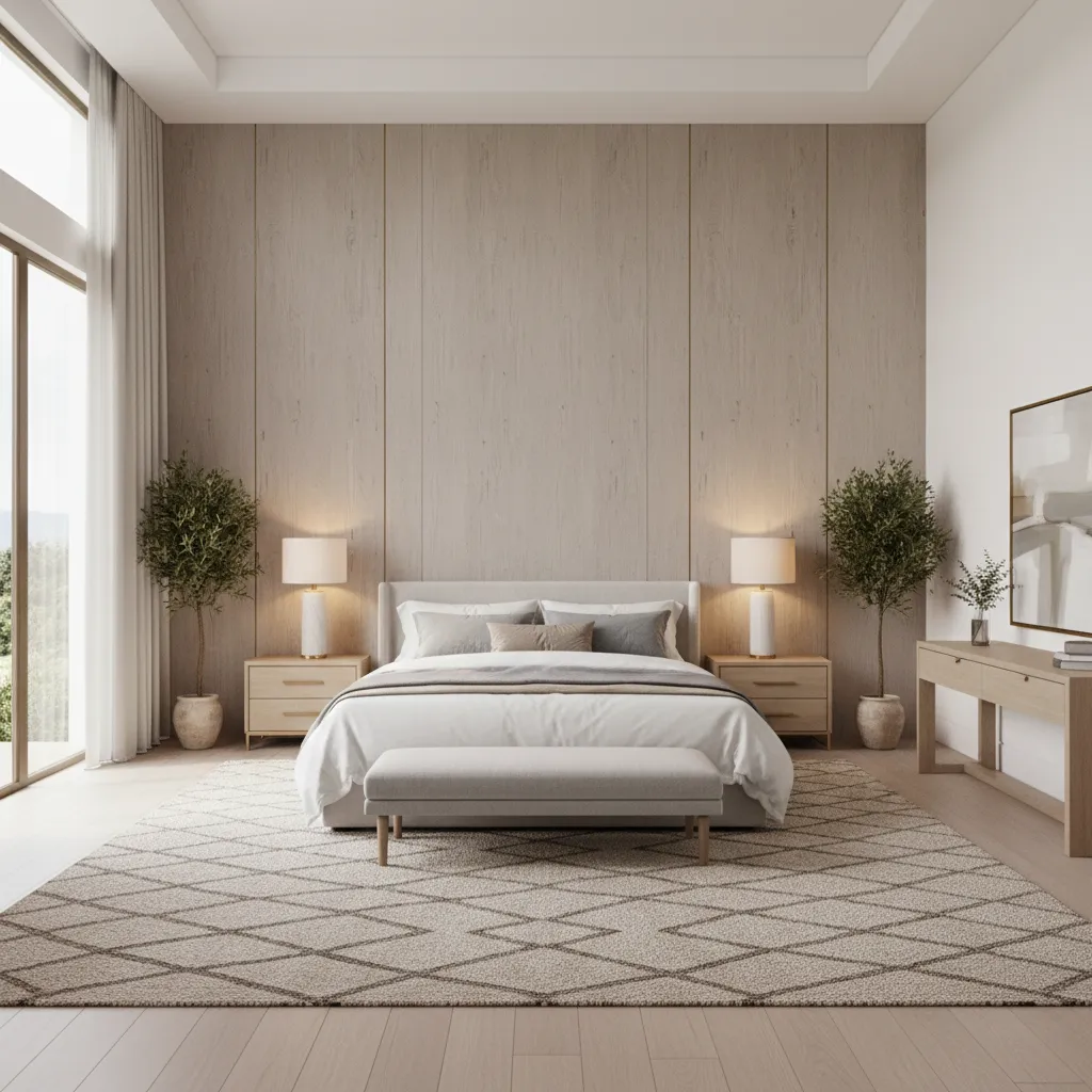 master bedroom with bed centered on accent wall creating visual anchor