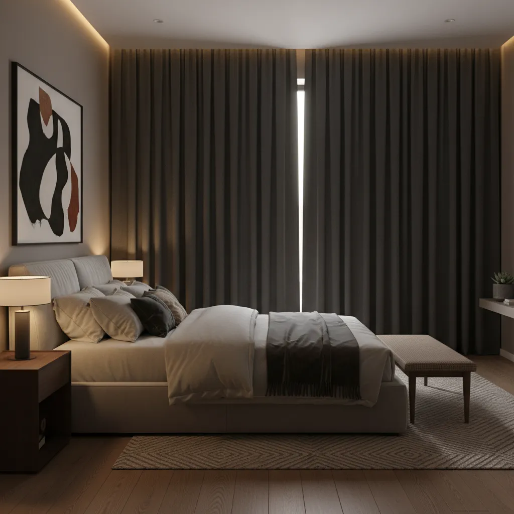 cozy bedroom with dark blackout curtains and soft lighting
