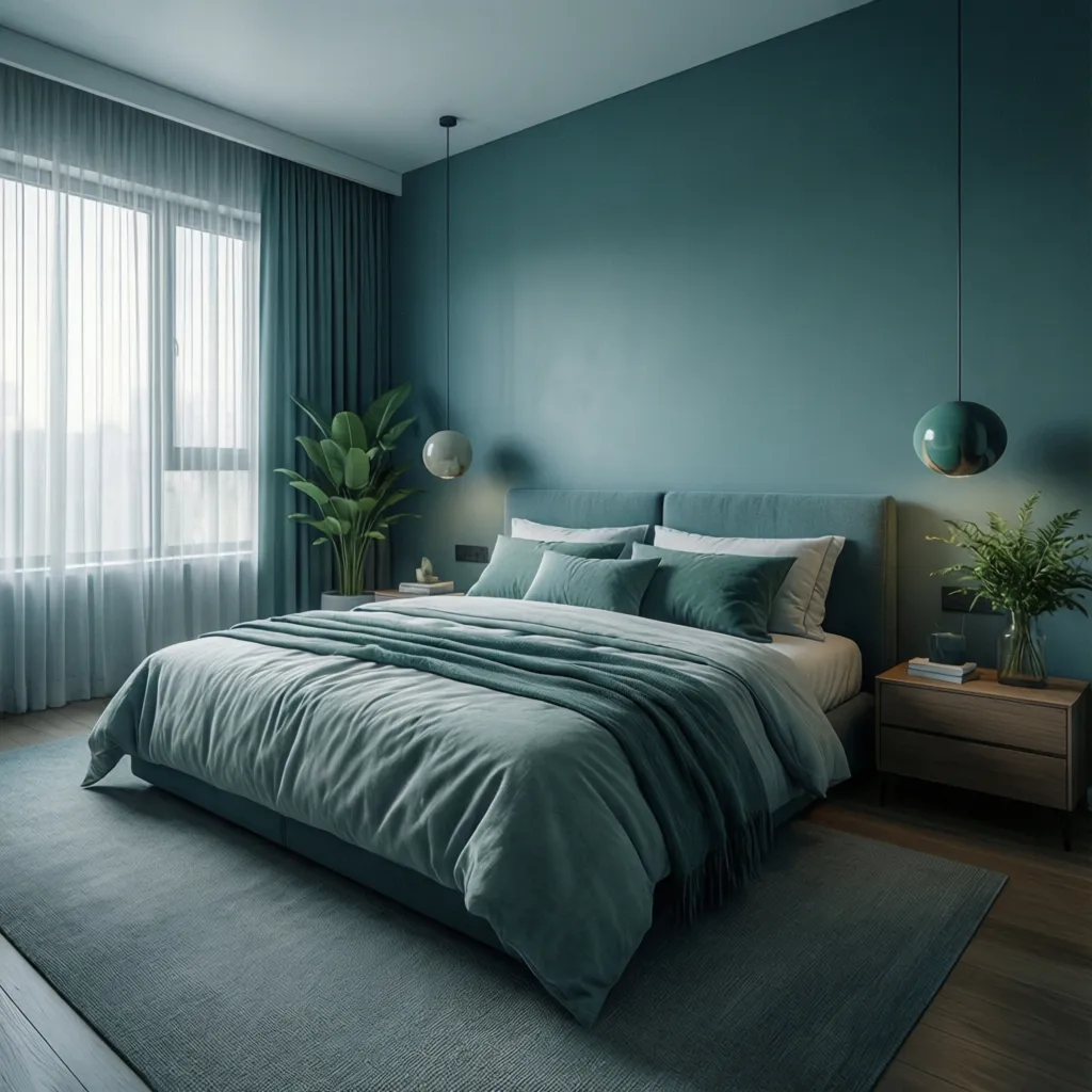 Dormitorio moderno con tonos azul y verde relajantes