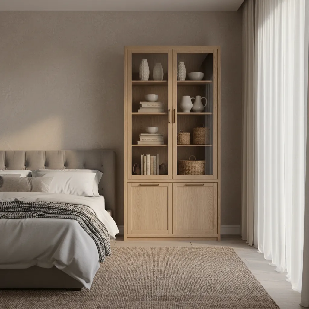 Bedroom cabinet with decorative top shelves and hidden storage below