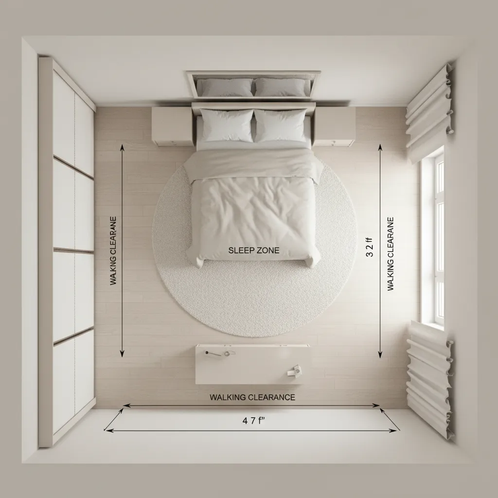 Bedroom layout diagram showing cabinet placement and walking clearance