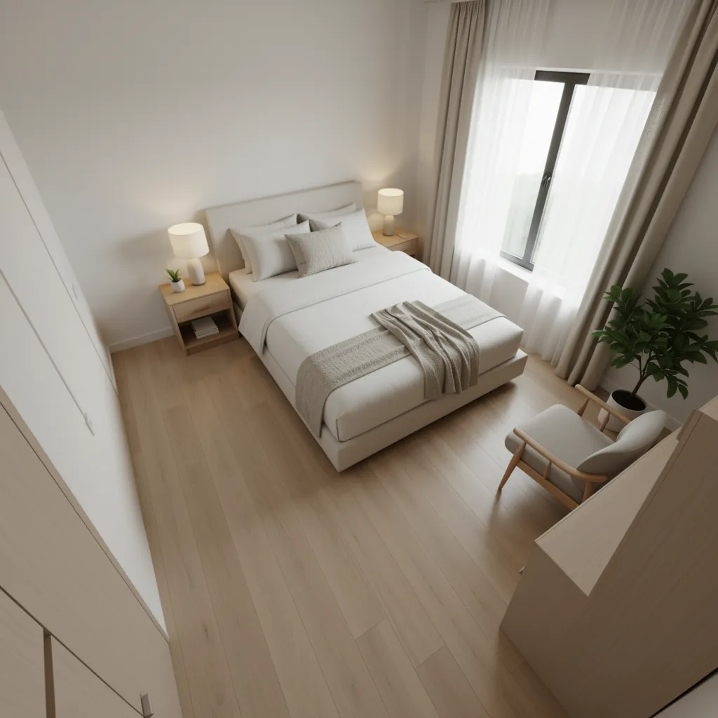 Bedroom layout highlighting clear walking path around chair placement