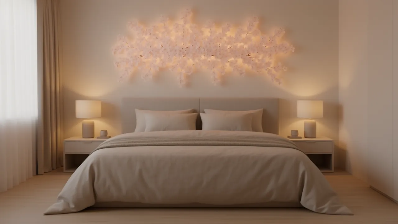 Cherry blossom wall light installed above bed headboard