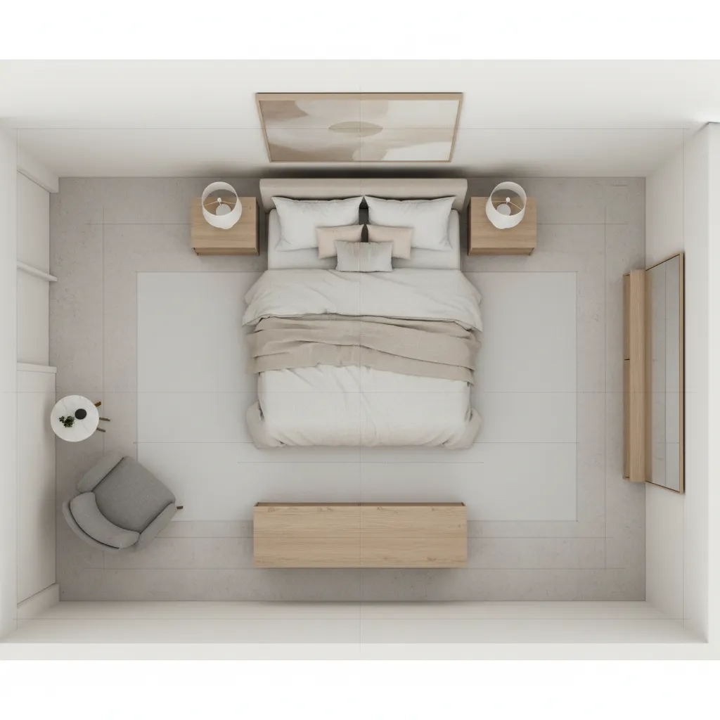 bedroom circulation layout showing walking space around bed