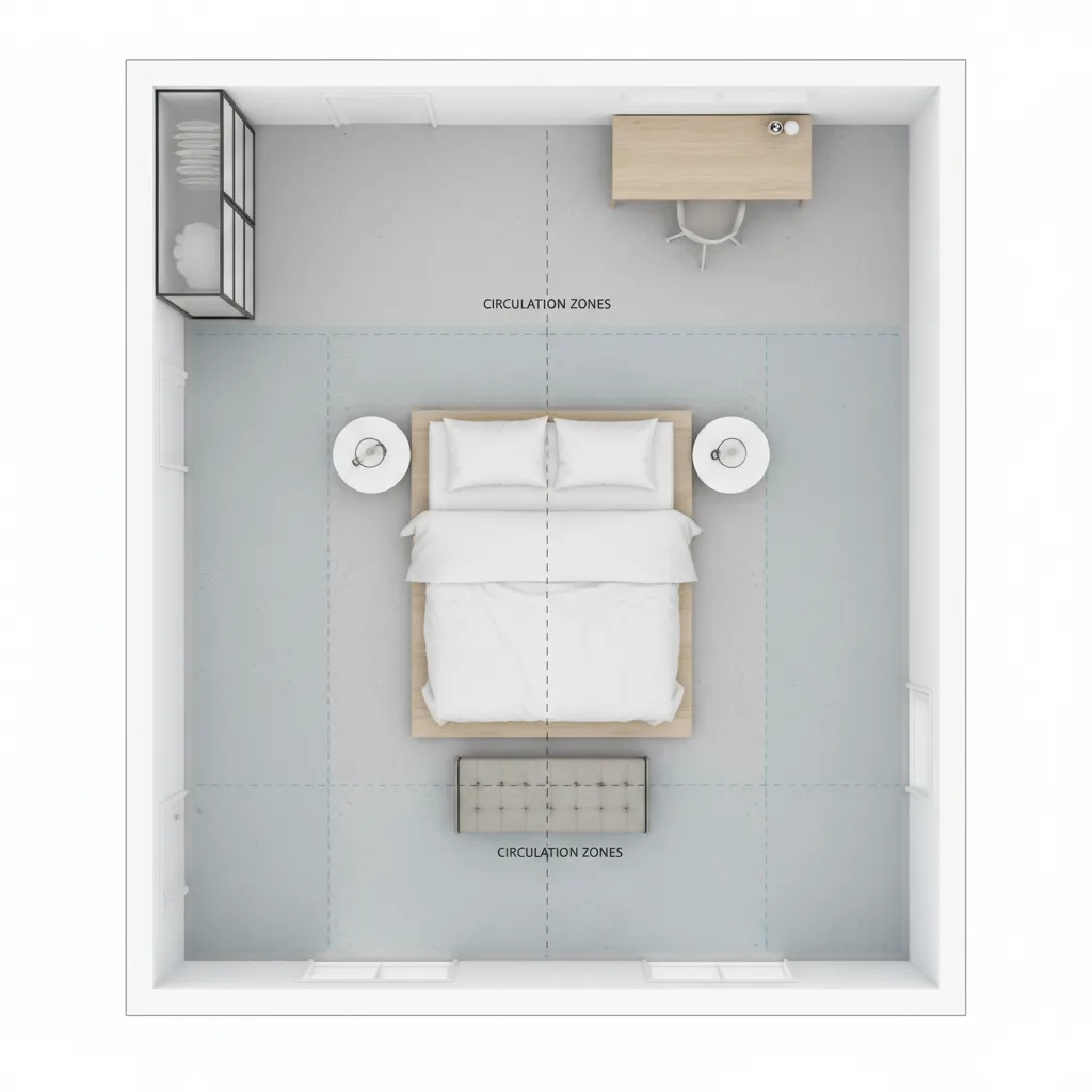 15x15 bedroom layout showing circulation space around bed and furniture