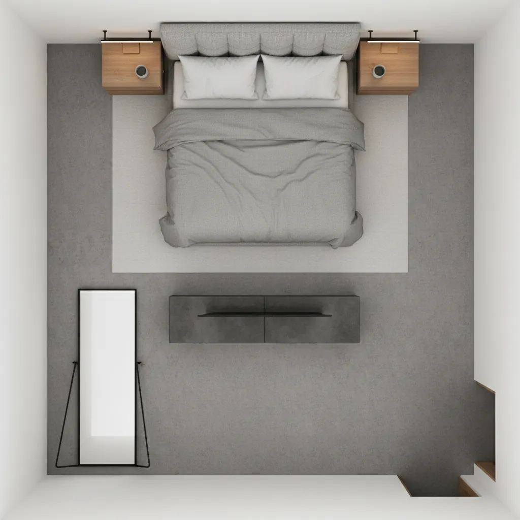 Bedroom layout diagram showing walking space around bed and furniture