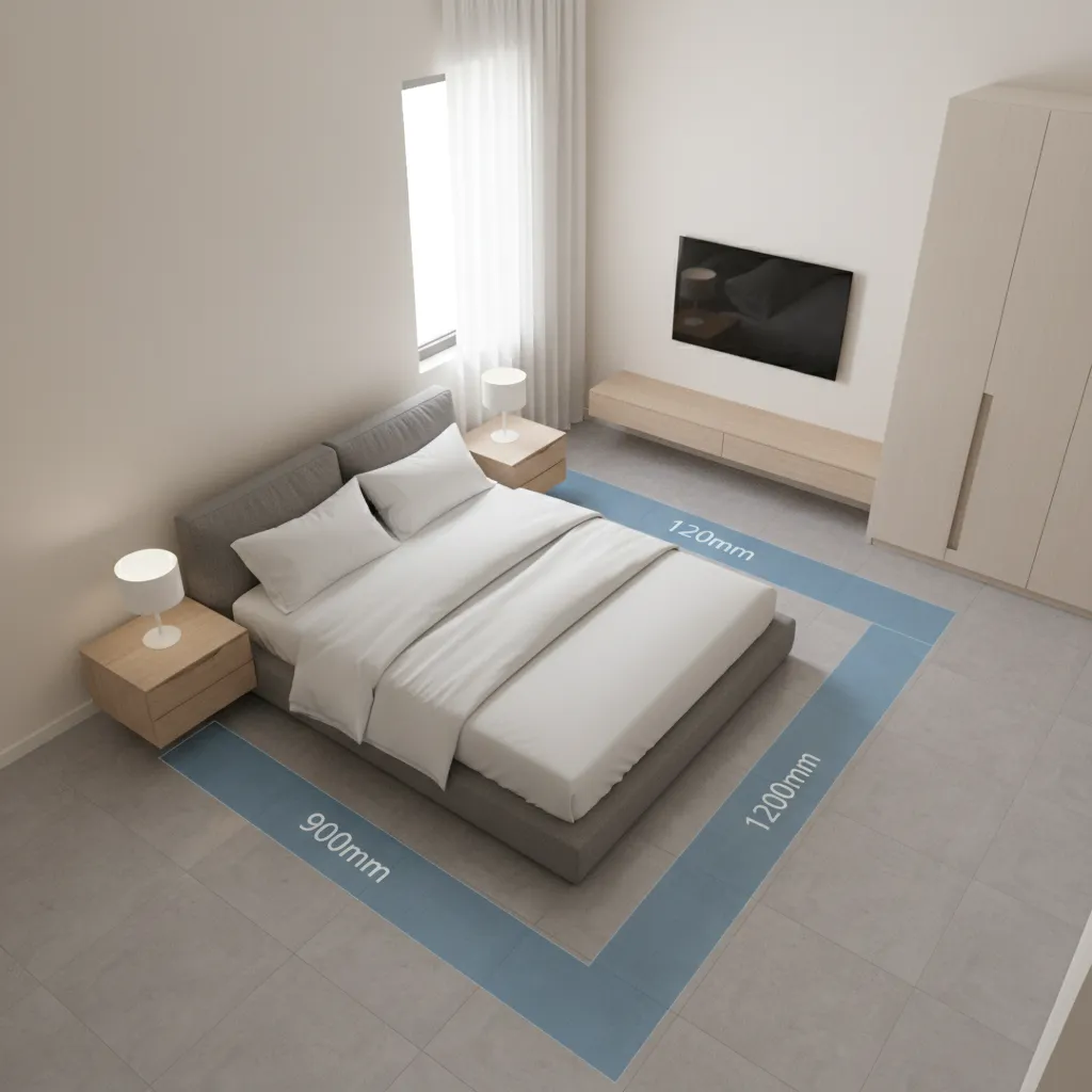 bedroom layout showing recommended clearance space around bed