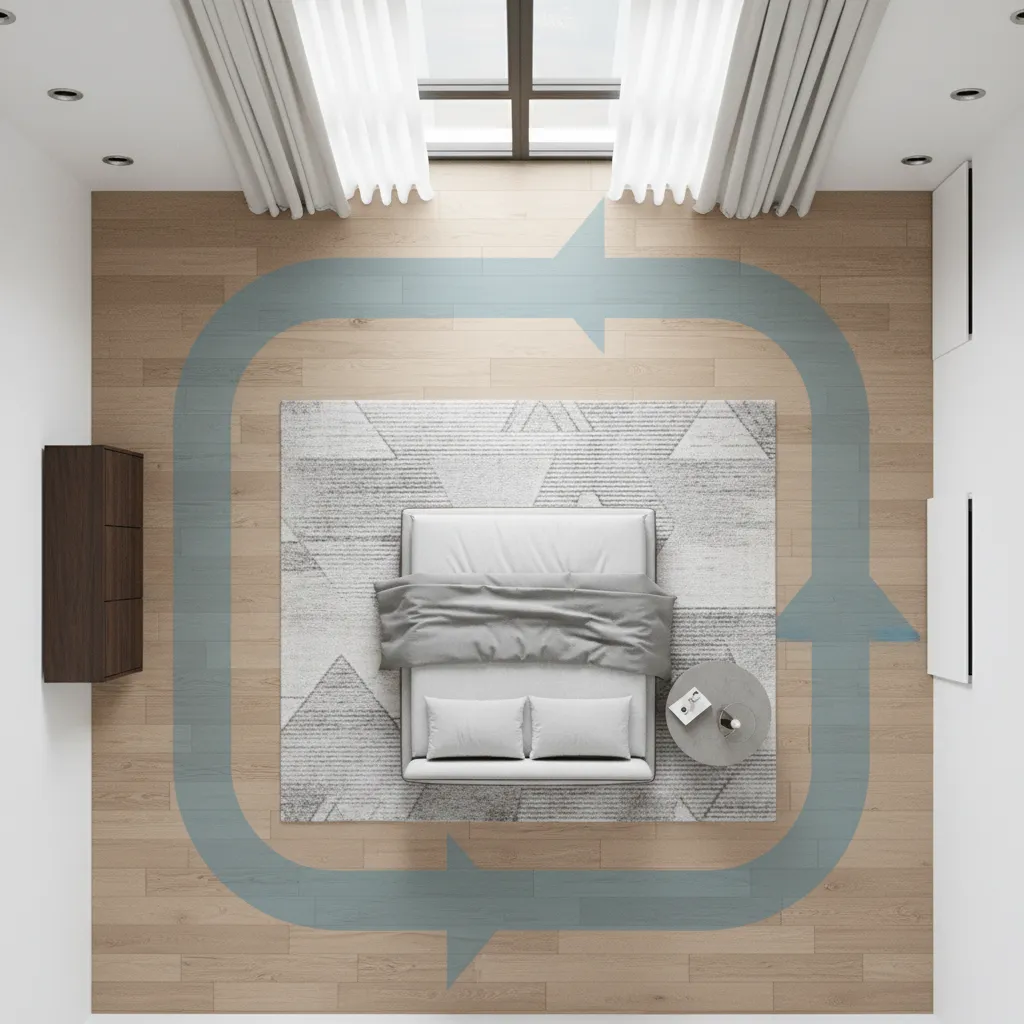 Bedroom layout showing clearance spacing around queen bed