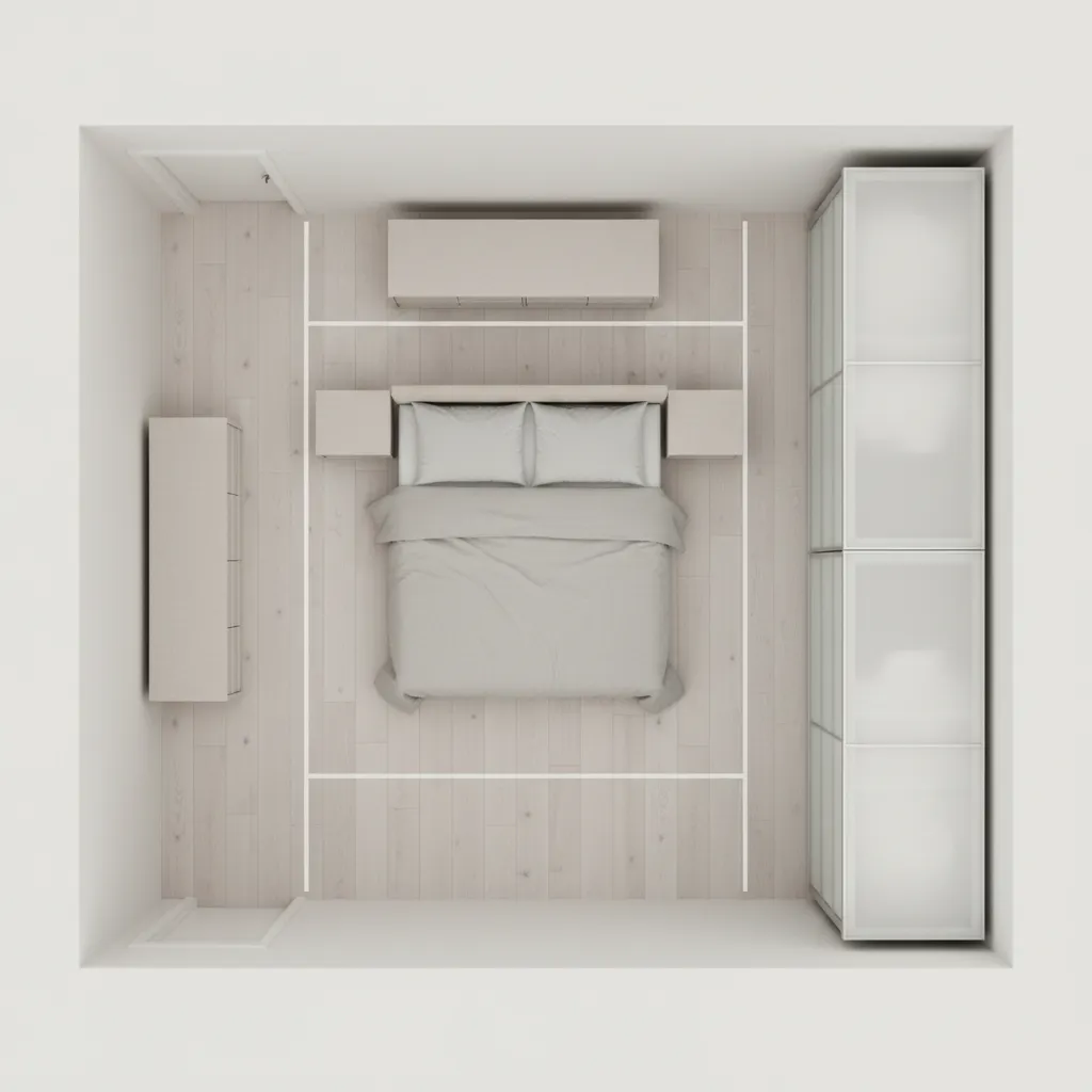 bedroom furniture spacing with walkway clearance around bed and dresser