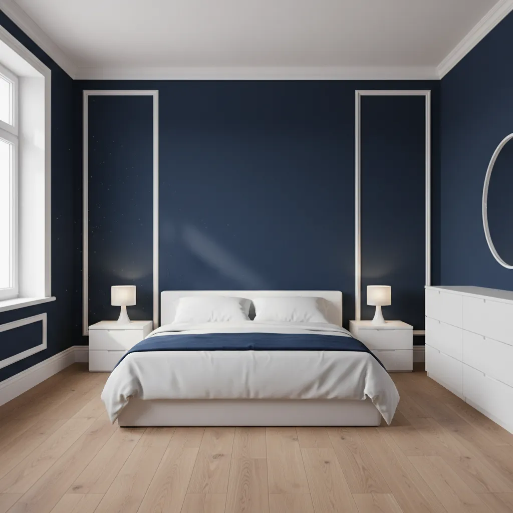 Bedroom with strong contrast between dark walls and bright white trim