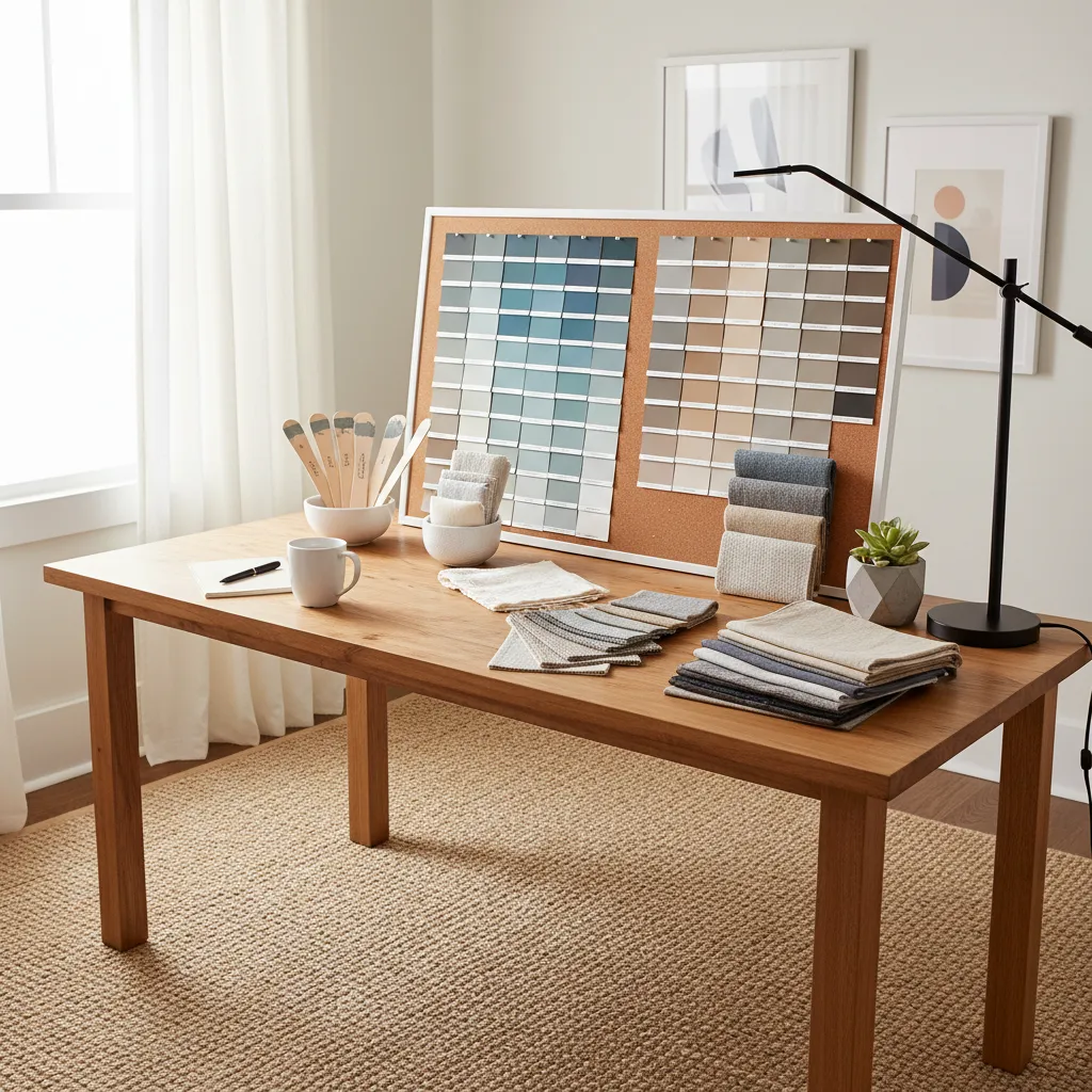 Designer mood board with calming bedroom color palette samples