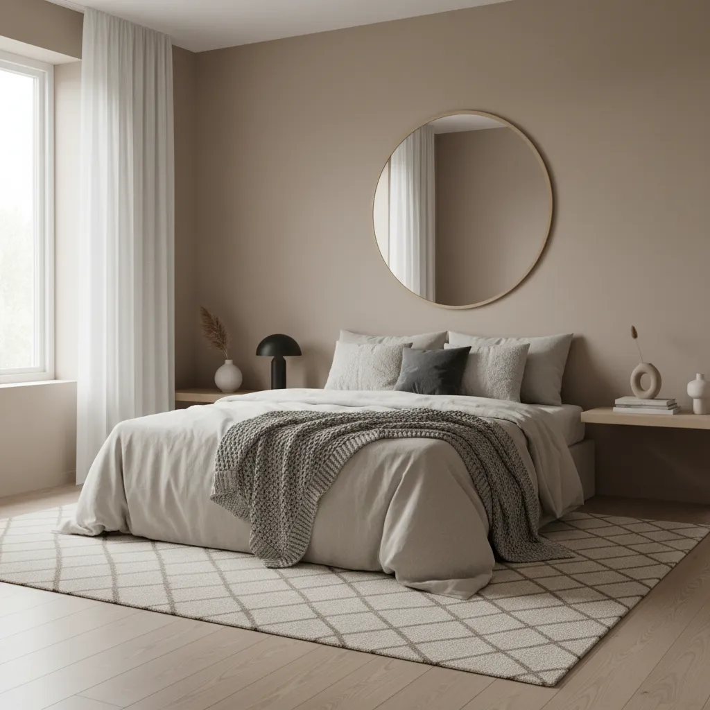 Minimalist beige bedroom with round mirror comfortable bed patterned rug white curtains and soft light