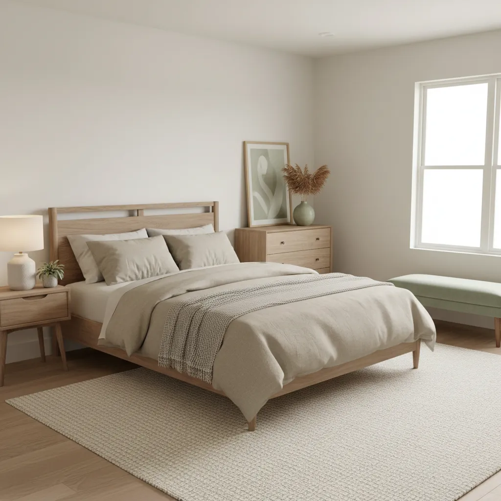 Neutral color palette bedroom with soft textures and warm lighting