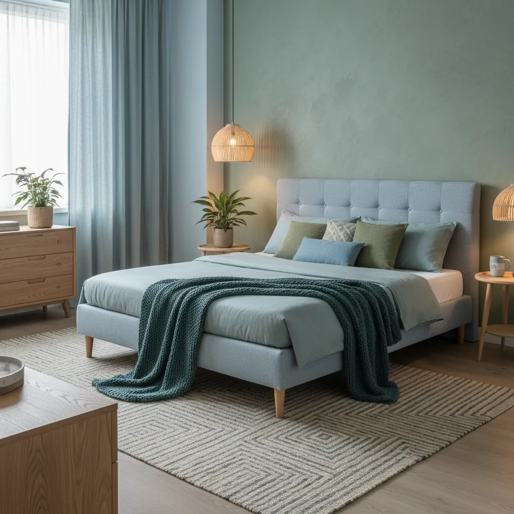 Dormitorio moderno con colores calmantes azul y verde suave
