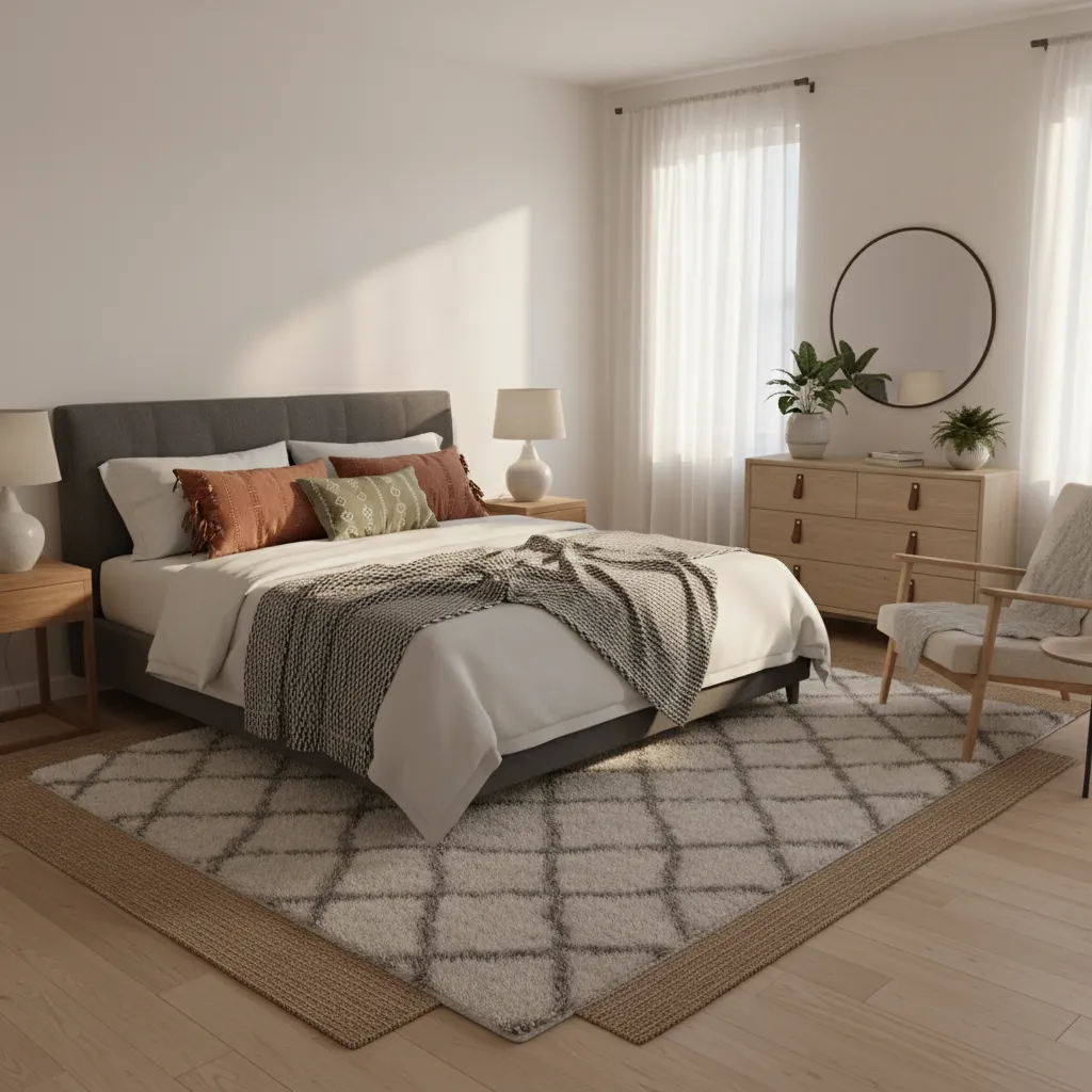 modern bedroom interior showing neutral color palette with accent colors