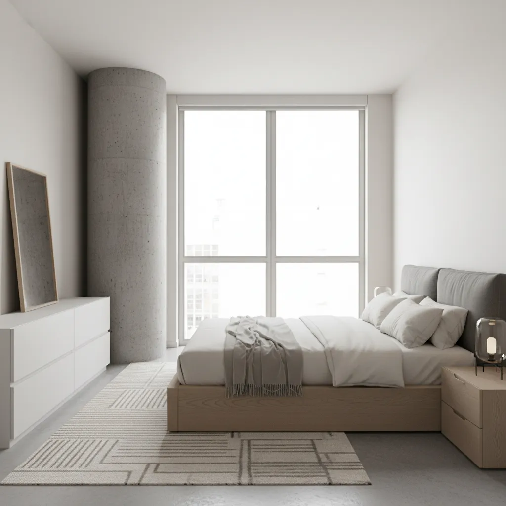 Bedroom interior showing awkward pillar disrupting bed layout