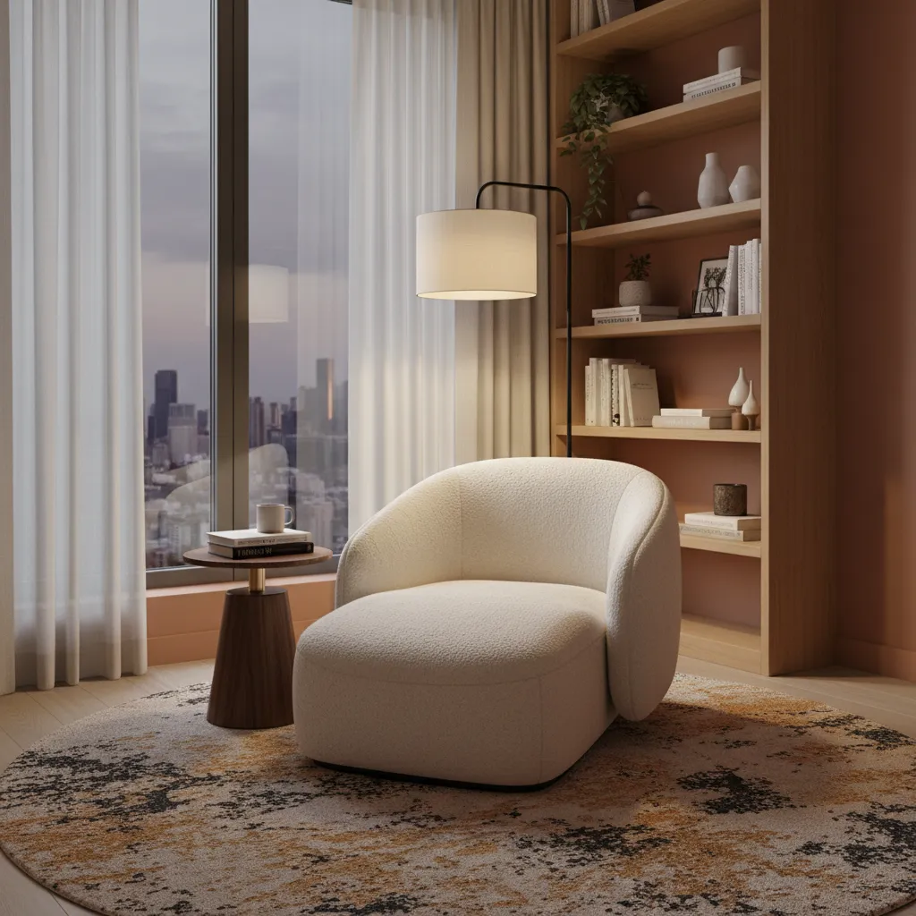 large bedroom corner turned into reading nook with chair and floor lamp