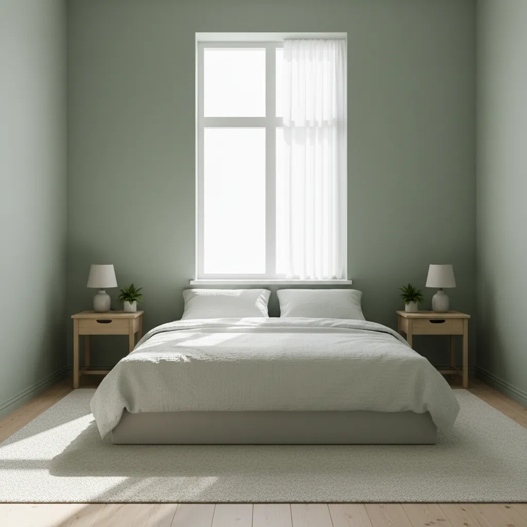 Bedroom with large window showing natural daylight affecting wall color appearance