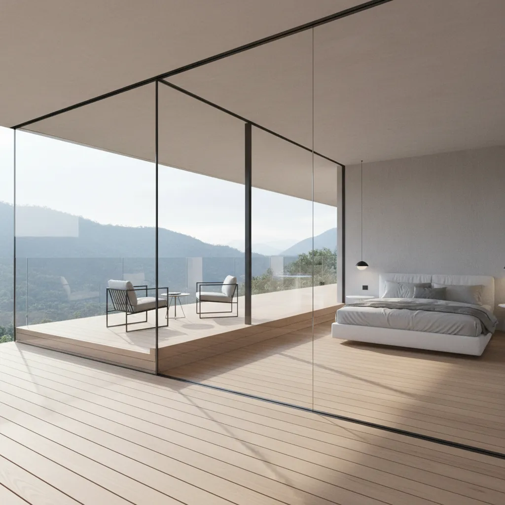 Architectural visualization of bedroom layout connected to a corner deck