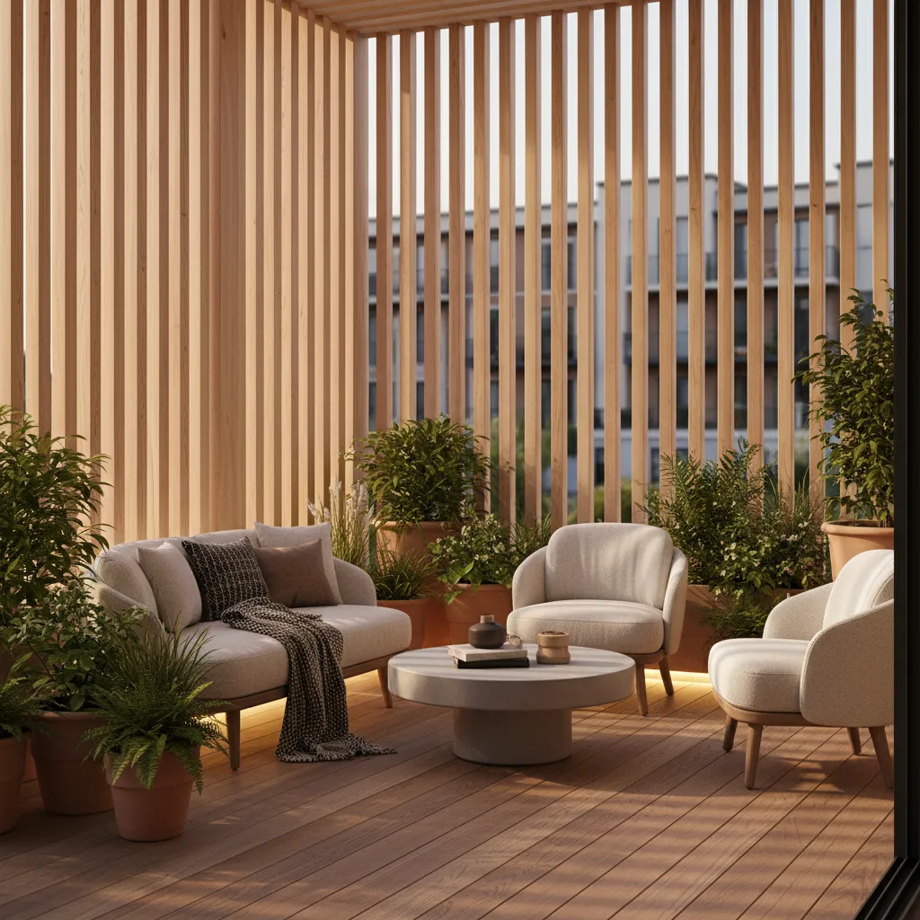 Master bedroom deck with wooden privacy screens and plants